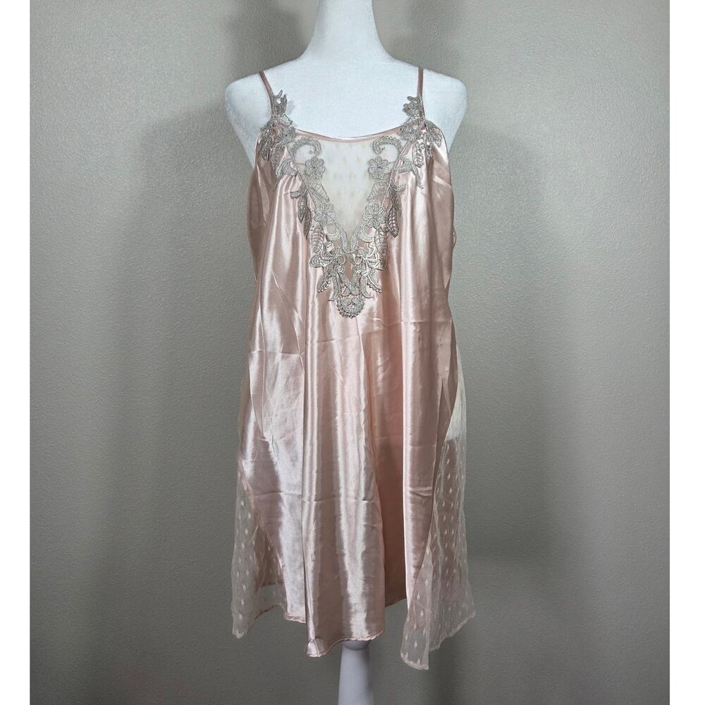 Flora By Flora Nikrooz Pink Lace Satin Sheer Slip Lingerie Nightgown Size Large